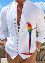 Plus Size Green Stand Collar Print Button Cotton Men Shirts Fall