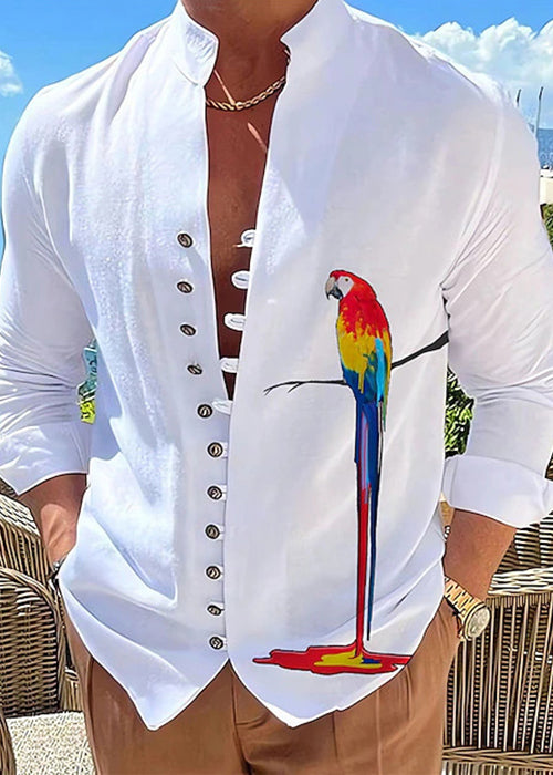 Plus Size Green Stand Collar Print Button Cotton Men Shirts Fall