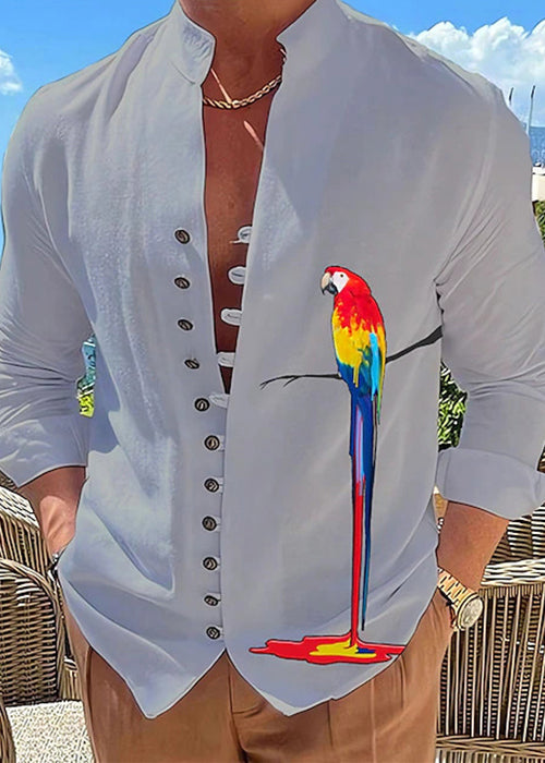 Plus Size Green Stand Collar Print Button Cotton Men Shirts Fall