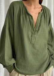 Plus Size Green V Neck Patchwork Solid Tops Fall