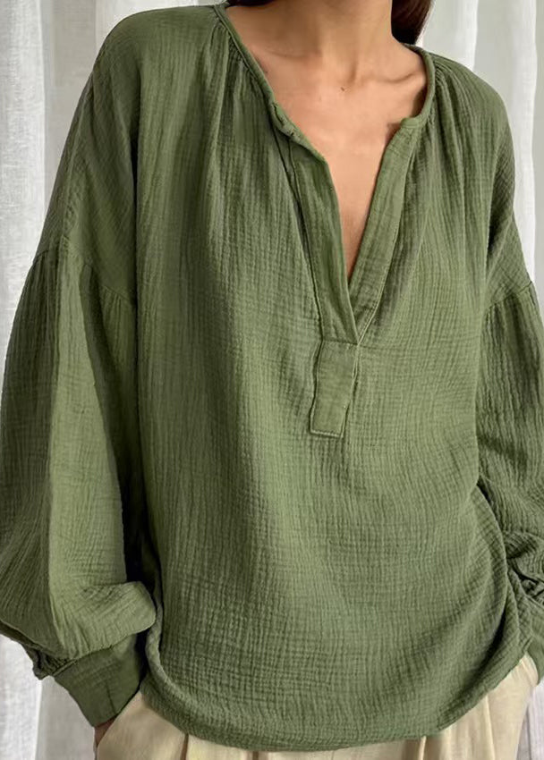 Plus Size Green V Neck Patchwork Solid Tops Fall