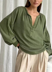 Plus Size Green V Neck Patchwork Solid Tops Fall