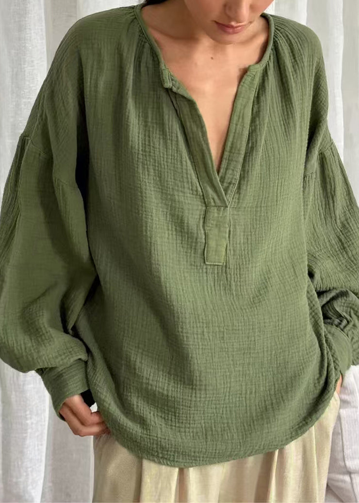 Plus Size Green V Neck Patchwork Solid Tops Fall