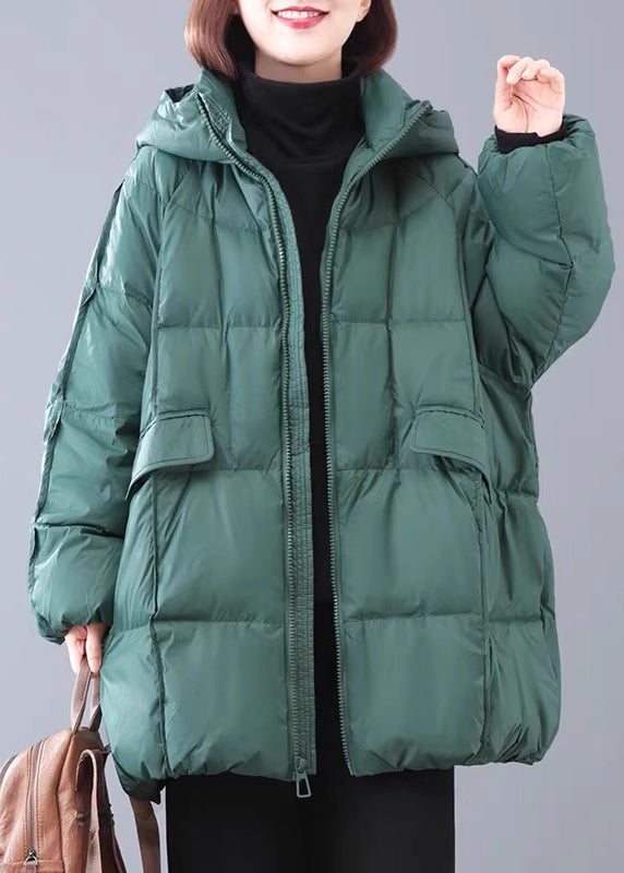 Plus Size Green Zippered Pockets Plaid Thick Hooded Parka Winter