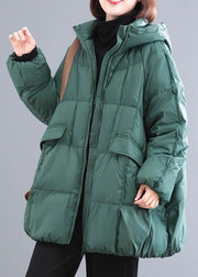 Plus Size Green Zippered Pockets Plaid Thick Hooded Parka Winter
