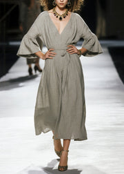 Plus Size Grey Cinched Linen Robe Dresses Flare Sleeve