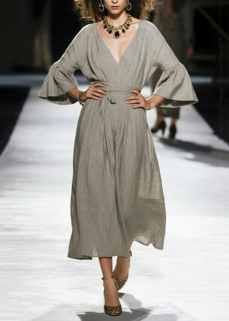 Plus Size Grey Cinched Linen Robe Dresses Flare Sleeve