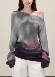 Plus Size Grey Cold Shoulder Tie Dye Knitted Tops Fall