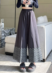 Plus Size Grey Floral Patchwork Cotton Wide Leg Pants Fall