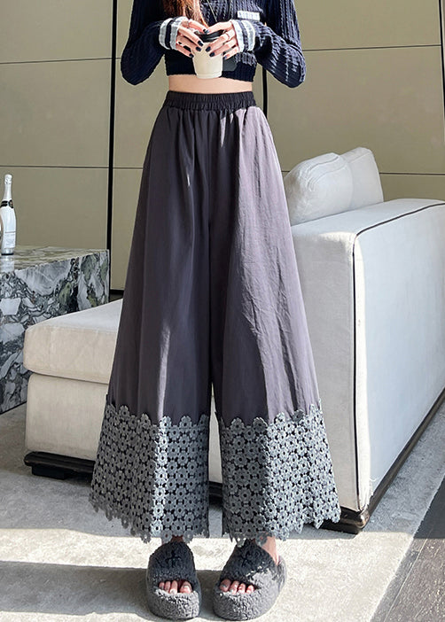 Plus Size Grey Floral Patchwork Cotton Wide Leg Pants Fall