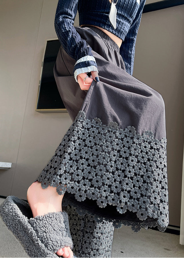 Plus Size Grey Floral Patchwork Cotton Wide Leg Pants Fall