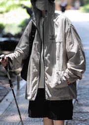 Plus Size Grey Hooded Embroideried Ice Silk Men UPF 50+ Coat Summer