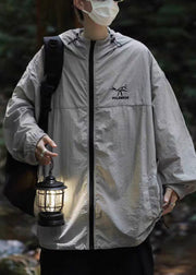 Plus Size Grey Hooded Embroideried Ice Silk Men UPF 50+ Coat Summer