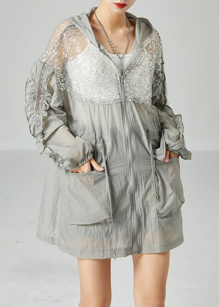 Plus Size Grey Hooded Sequins Patchwork Drawstring UPF 50+ Coat Jacket Summer
