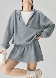 Plus Size Grey Hooded Sweatshirt And Skirts Cotton Two Pieces Set Fall