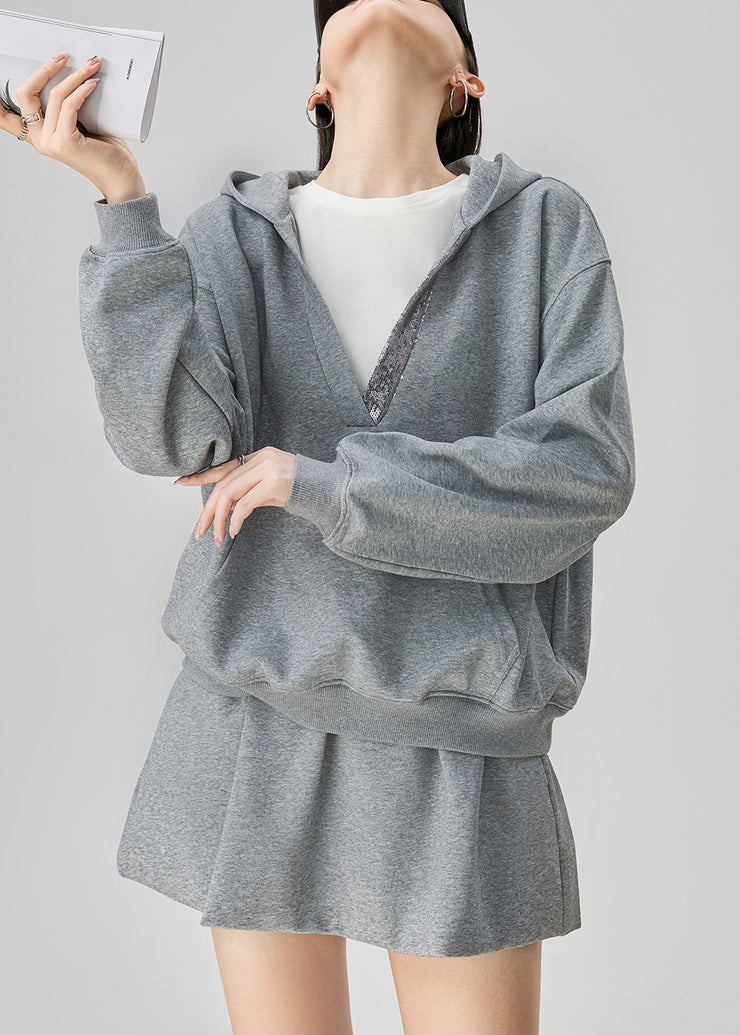 Plus Size Grey Hooded Sweatshirt And Skirts Cotton Two Pieces Set Fall