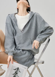 Plus Size Grey Hooded Sweatshirt And Skirts Cotton Two Pieces Set Fall