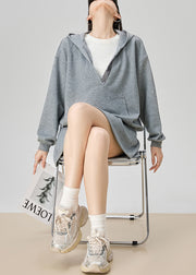 Plus Size Grey Hooded Sweatshirt And Skirts Cotton Two Pieces Set Fall