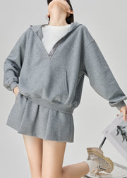 Plus Size Grey Hooded Sweatshirt And Skirts Cotton Two Pieces Set Fall