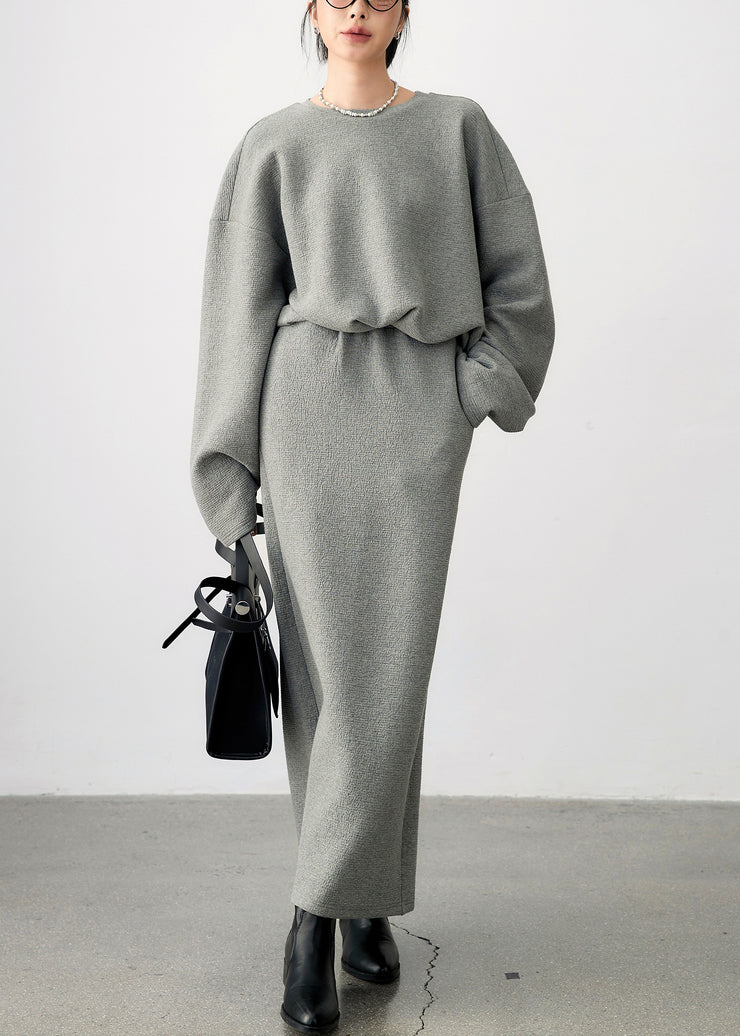 Plus Size Grey O Neck Side Open Sweatshirt And Skirts Cotton Two Pieces Set Fall