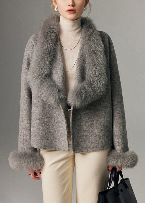 Plus Size Grey Oversized Patchwork Fox Fur Wool Cardigan Winter