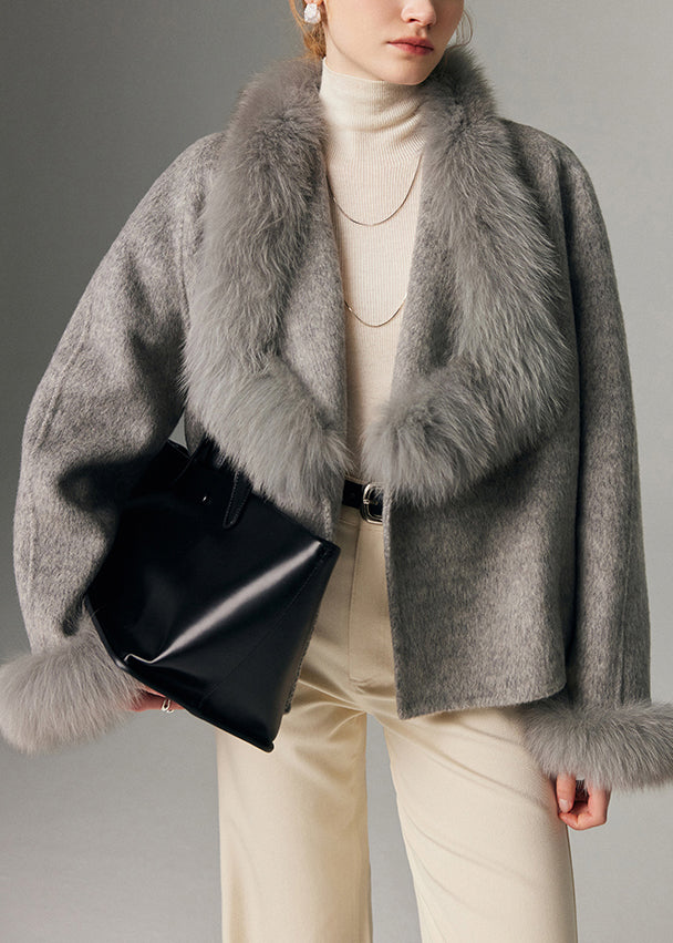 Plus Size Grey Oversized Patchwork Fox Fur Wool Cardigan Winter