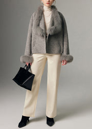 Plus Size Grey Oversized Patchwork Fox Fur Wool Cardigan Winter