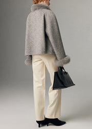 Plus Size Grey Oversized Patchwork Fox Fur Wool Cardigan Winter