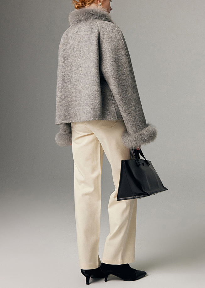 Plus Size Grey Oversized Patchwork Fox Fur Wool Cardigan Winter