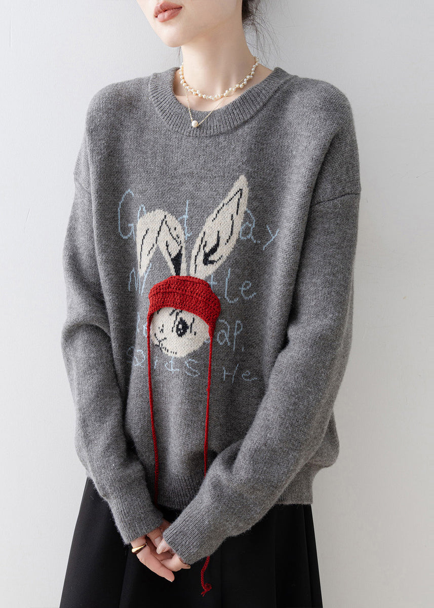 Plus Size Grey Oversized Rabbit Jacquard Knit Pullover Winter – SooLinen
