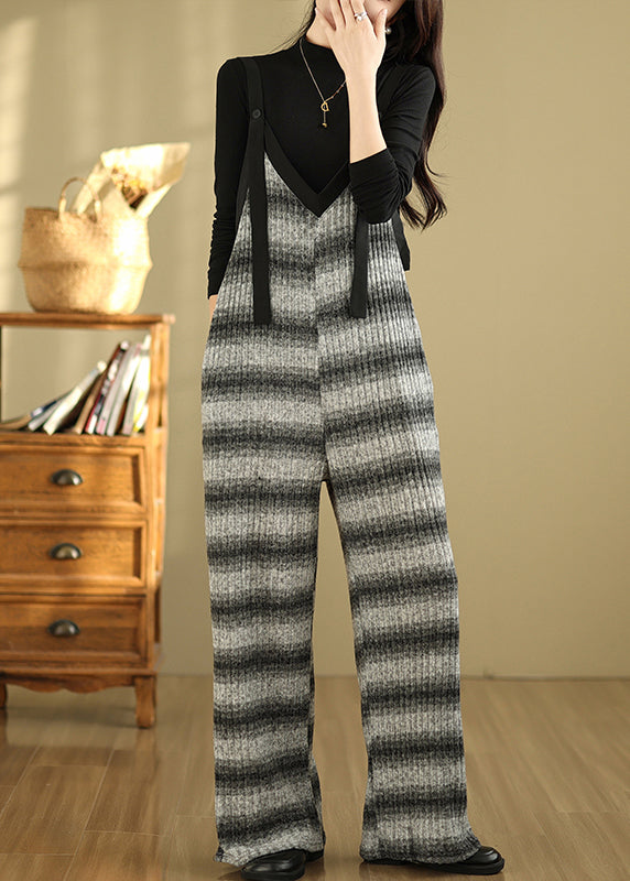 Plus Size Grey Oversized Striped Cotton Overalls Jumpsuit Summer