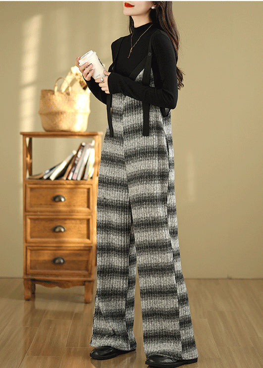 Plus Size Grey Oversized Striped Cotton Overalls Jumpsuit Summer