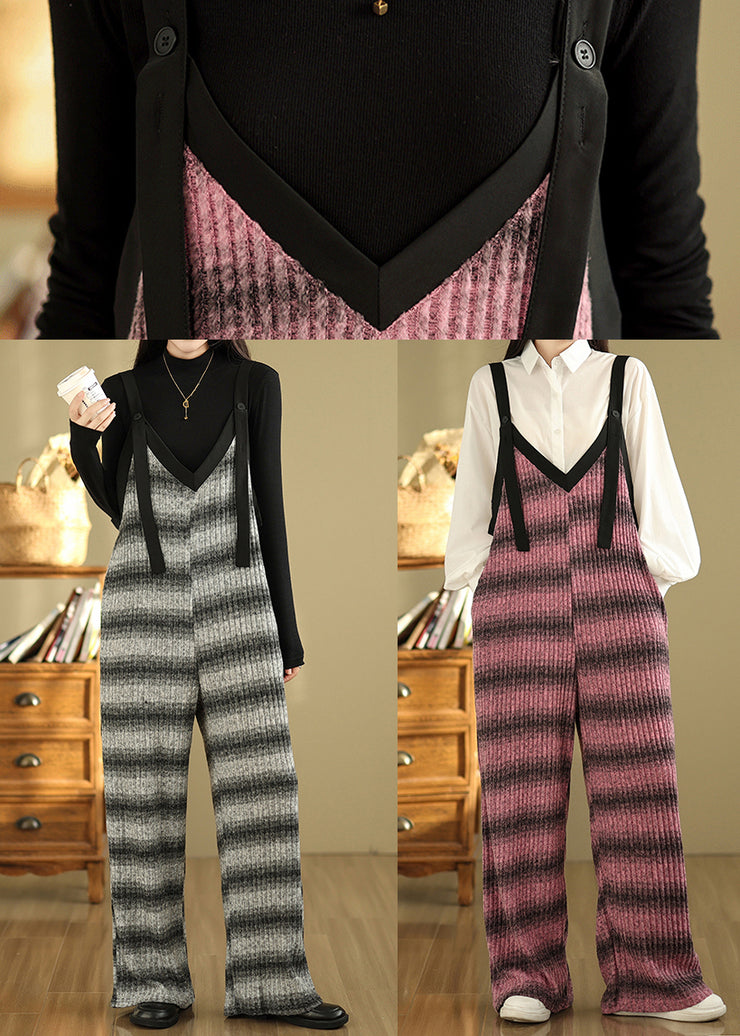 Plus Size Grey Oversized Striped Cotton Overalls Jumpsuit Summer