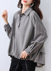 Plus Size Grey Oversized Striped Cotton Shirt Tops Fall