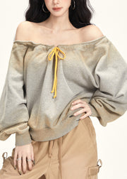 Plus Size Grey Slash Neck Drawstring T Shirt Fall