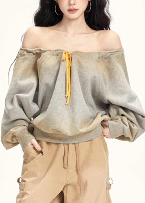 Plus Size Grey Slash Neck Drawstring T Shirt Fall