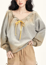 Plus Size Grey Slash Neck Drawstring T Shirt Fall