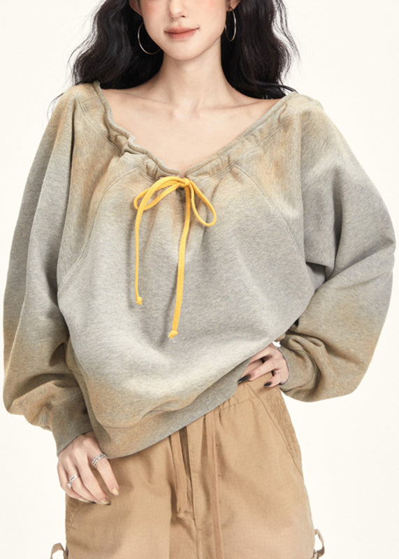 Plus Size Grey Slash Neck Drawstring T Shirt Fall