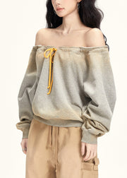 Plus Size Grey Slash Neck Drawstring T Shirt Fall