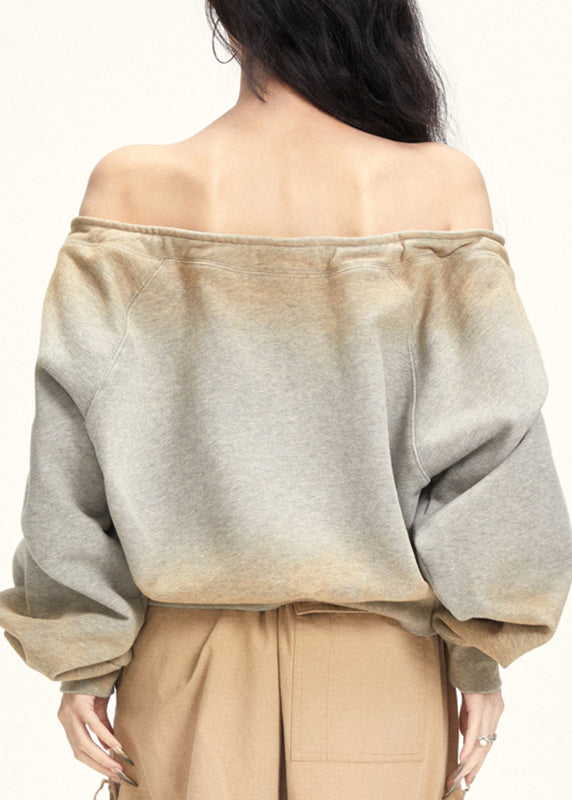 Plus Size Grey Slash Neck Drawstring T Shirt Fall