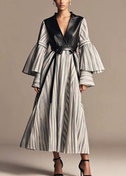 Plus Size Grey Striped Patchwork Faux Leather Cotton Holiday Dress Flare Sleeve