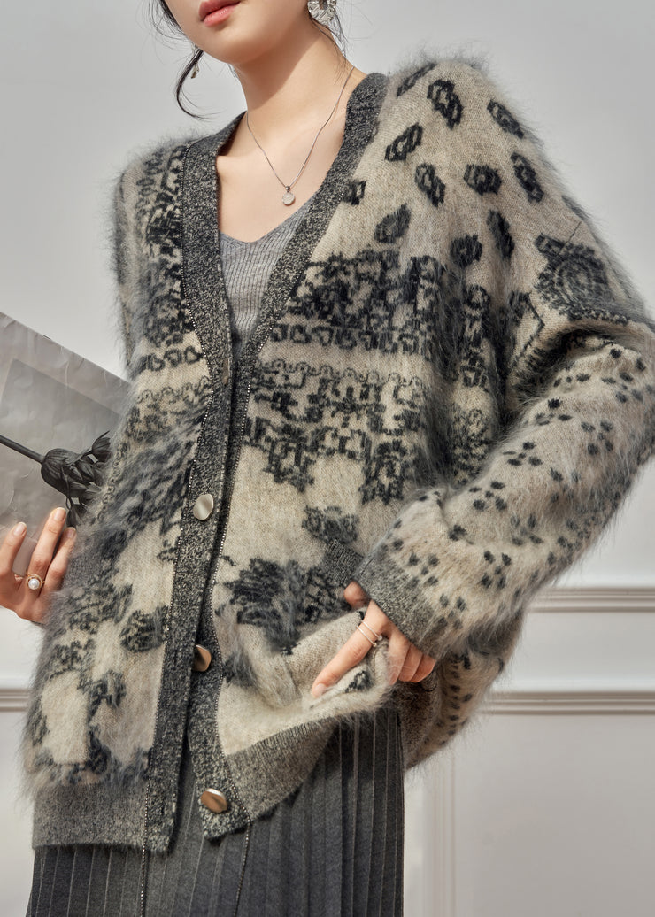Plus Size Grey V Neck Print Cotton Knit Cardigan Long Sleeve