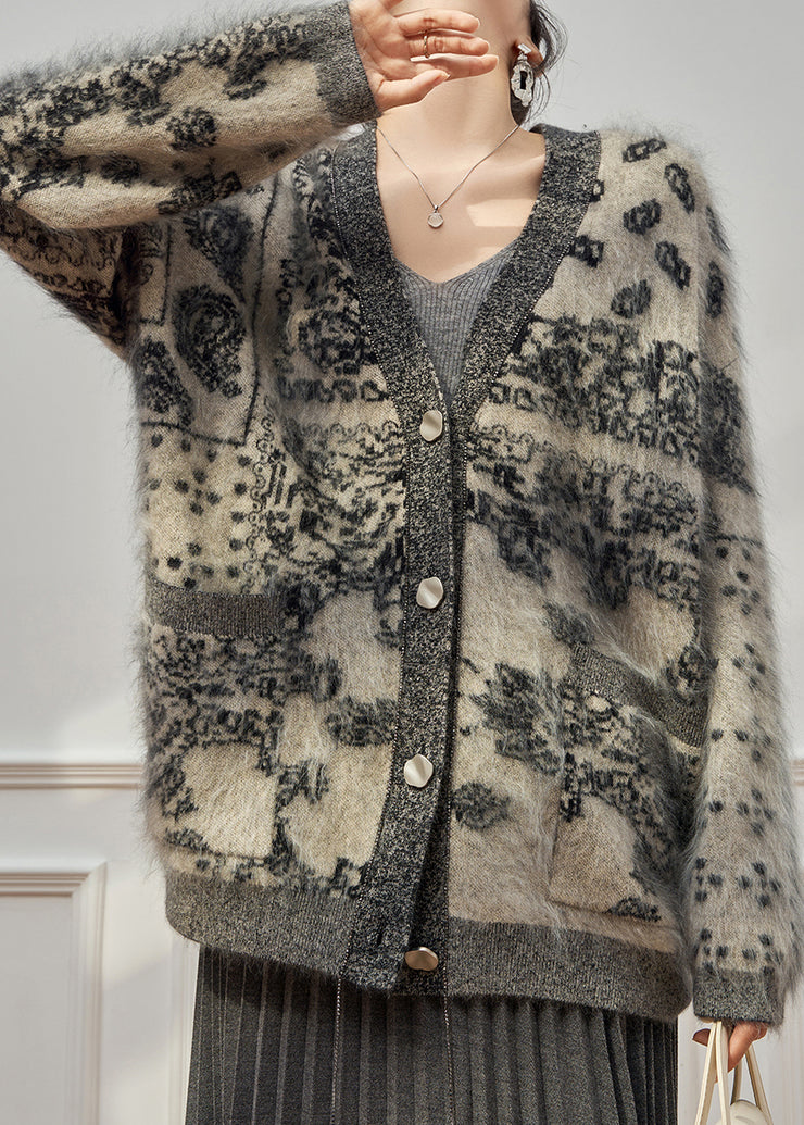 Plus Size Grey V Neck Print Cotton Knit Cardigan Long Sleeve