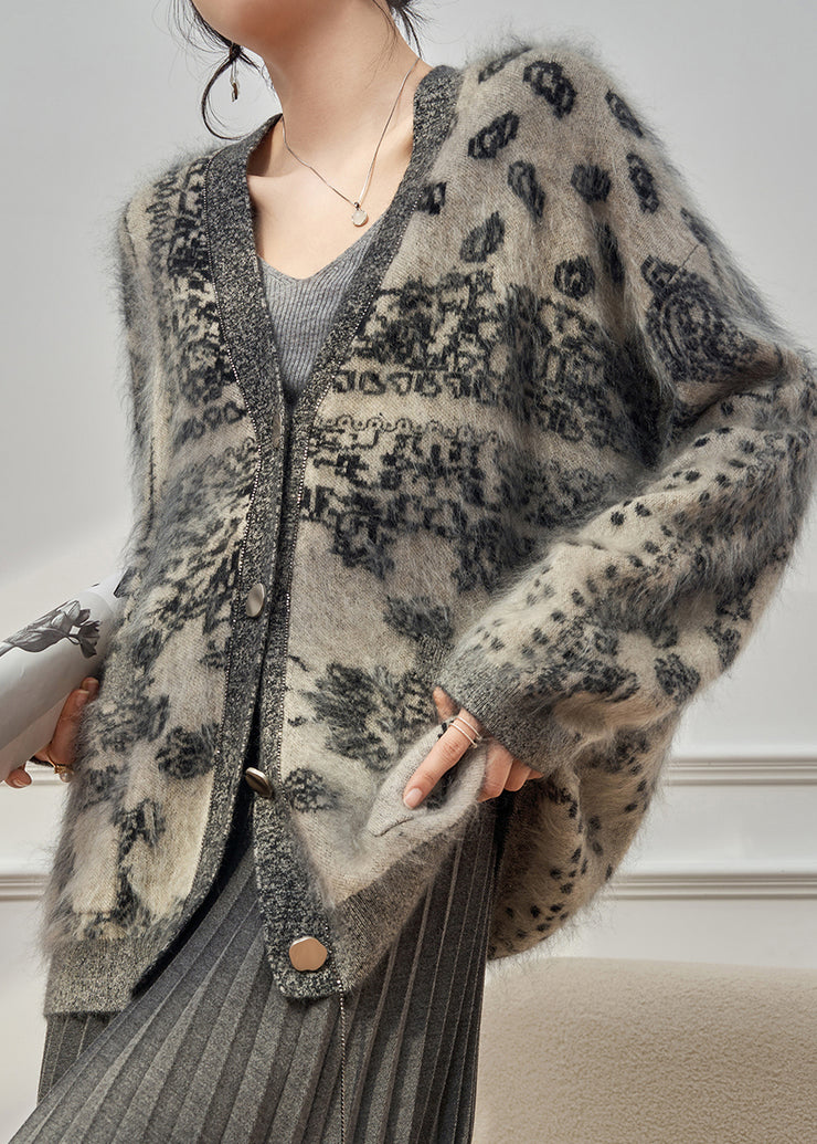 Plus Size Grey V Neck Print Cotton Knit Cardigan Long Sleeve