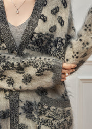 Plus Size Grey V Neck Print Cotton Knit Cardigan Long Sleeve