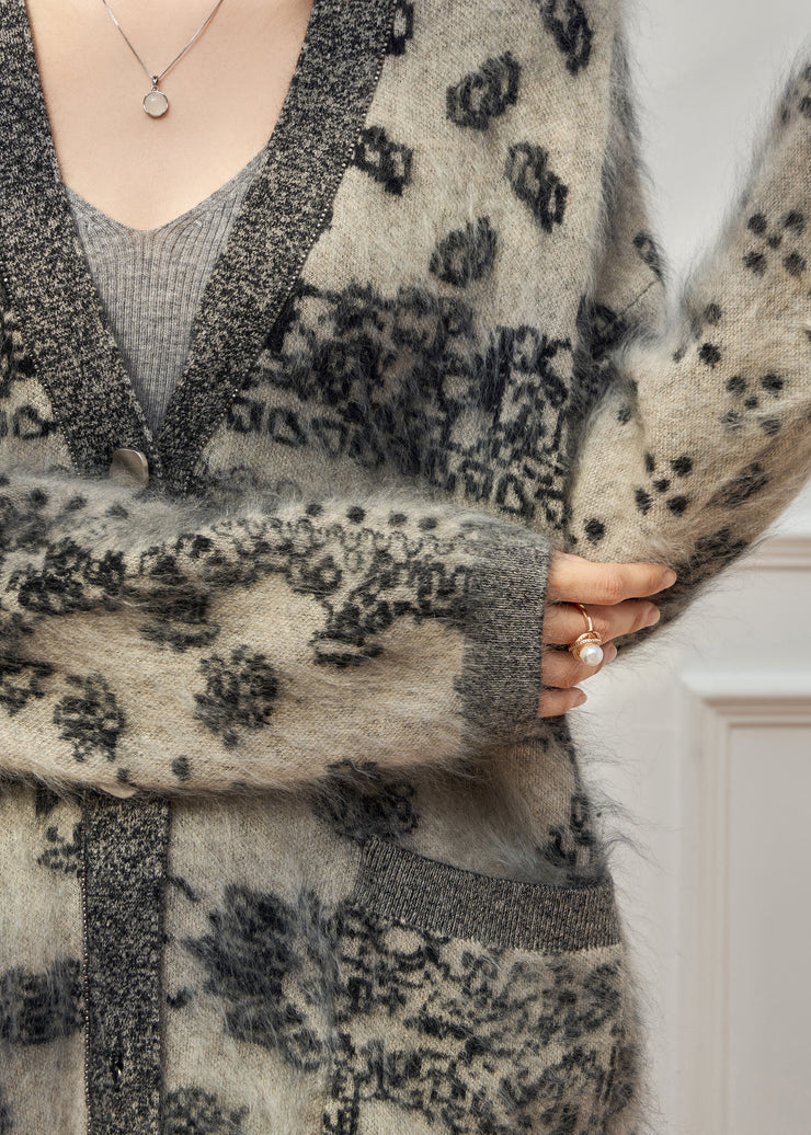 Plus Size Grey V Neck Print Cotton Knit Cardigan Long Sleeve