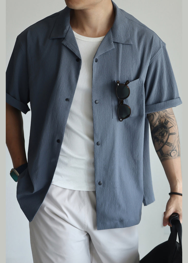 Plus Size Haze Blue Peter Pan Collar Pockets Cotton Men Shirts Summer