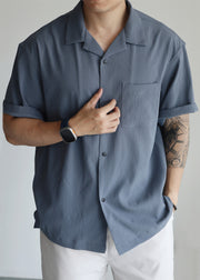 Plus Size Haze Blue Peter Pan Collar Pockets Cotton Men Shirts Summer