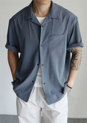 Plus Size Haze Blue Peter Pan Collar Pockets Cotton Men Shirts Summer