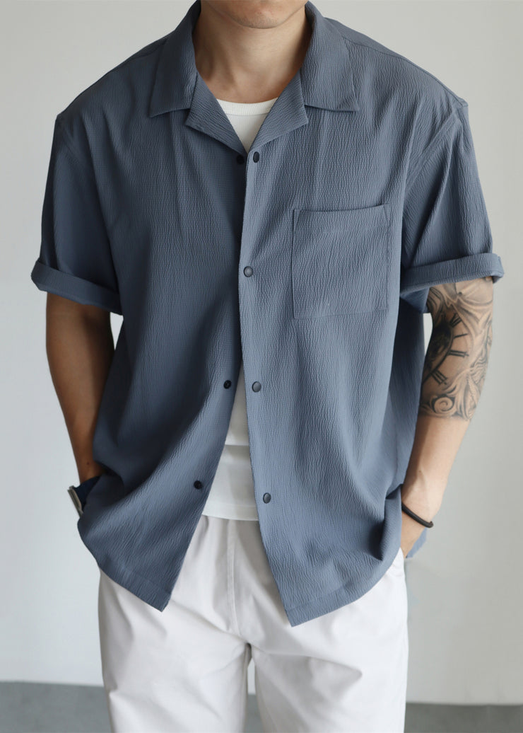 Plus Size Haze Blue Peter Pan Collar Pockets Cotton Men Shirts Summer